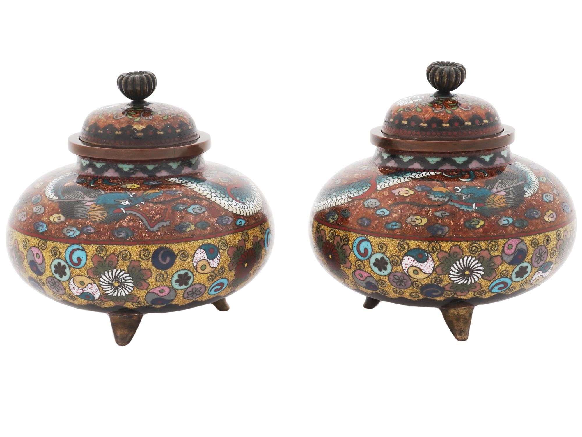 ANTIQUE JAPANESE CLOISONNE ENAMEL RED DRAGON JARS PIC-0